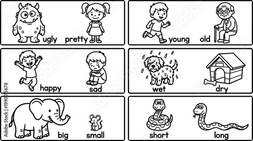 Black and white line art contrasting opposite adjectives for kids learning