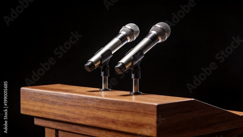 Two microphones on wooden podium