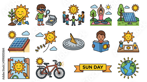 Colorful icon set collection for International Sun Day Vector featuring kids education solar panel renewable energy yoga sundial cycling and earth globe ecology awareness.