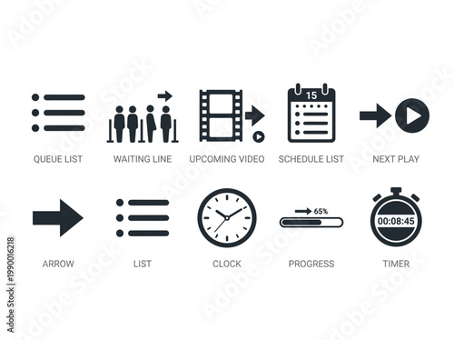 Set of icons representing various stages of tasks and processes, including queue, schedule, progress, and time management