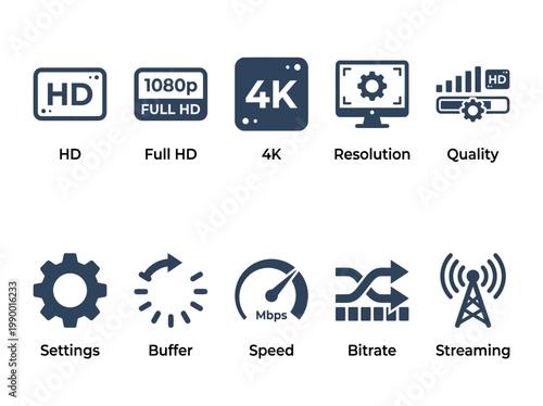 High-quality video icons HD, Full HD, 4K resolution, and streaming settings including speed, buffer, bitrate, and quality indicators