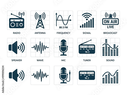 Set of radio and audio icons representing broadcast, transmission, sound, and music concepts