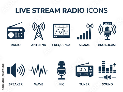 Set of live stream radio and audio icons, including radio, antenna, frequency, signal, broadcast, speaker, wave, mic, tuner, and sound