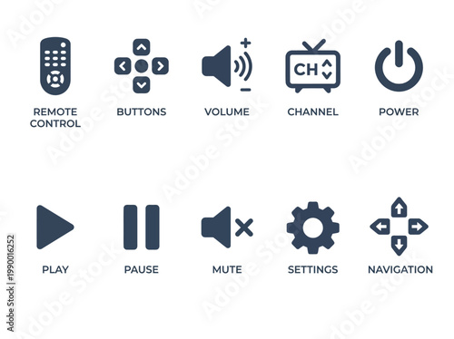 Collection of remote control and media player icons including play, pause, mute, volume, channel, power, and navigation controls