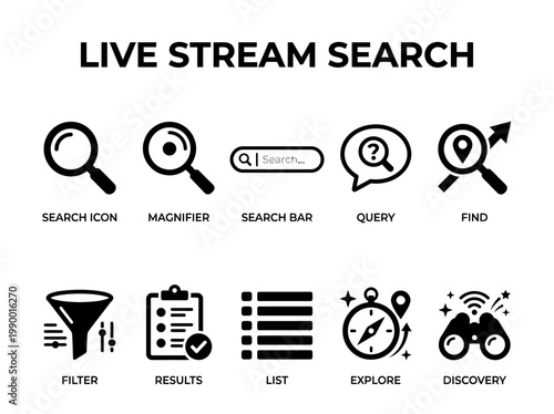 Live Stream Search Icons Magnifier, Search Bar, Query, Find, Filter, Results, List, Explore, and Discovery