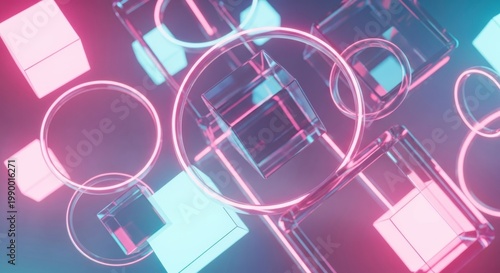 Neon lit abstract scene with glowing pink and blue geometric shapes and lines in a futuristic technology inspired illustration.