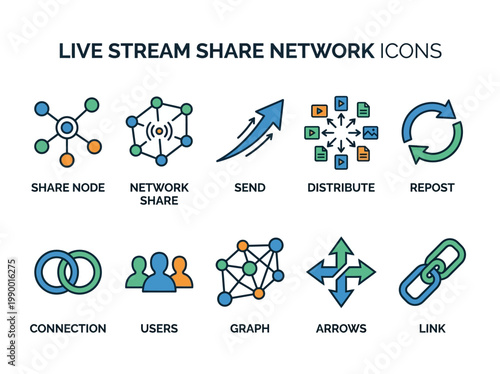 Collection of icons representing live stream share network concepts including nodes, connections, and data distribution