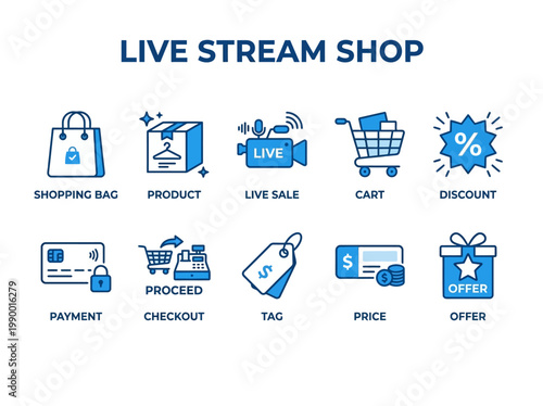 Live stream shopping icons for e-commerce shopping bag, product, live sale, cart, discount, payment, checkout, tag, price, and offer