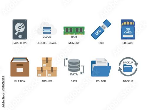A collection of digital data storage and management icons, including hard drives, cloud storage, RAM, USB drives, SD cards, file boxes, archives, databases, folders, and backup systems