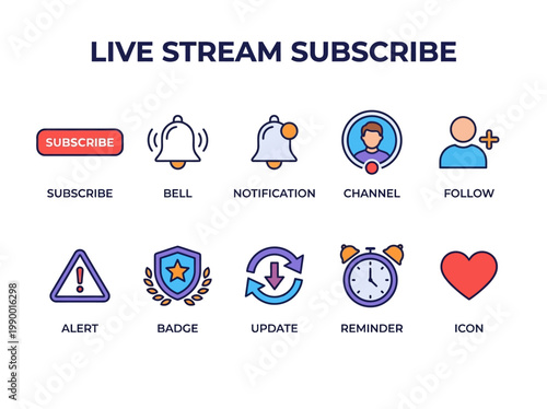Live Stream Subscribe Icons Notification, Follow, Alert, Badge, Update, Reminder, Channel, Bell, and Subscribe Buttons