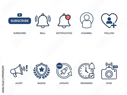 Social media icons representing subscribe, bell, notification, channel, follow, alert, badge, update, reminders, and camera icon for digital marketing and online engagement