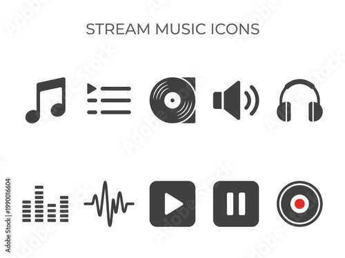 Collection of Music Icons, Including Audio Waveforms, Speakers, and Headphones for Digital Media Playback