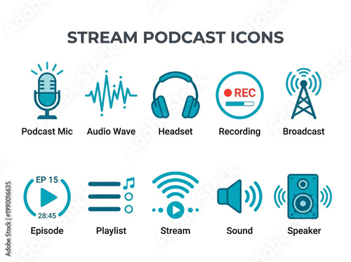 Collection of Stream Podcast Icons featuring Microphone, Audio Wave, Headset, Recording, Broadcast, Episode, Playlist, Stream, Sound, and Speaker