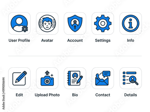 Collection of user interface icons for profile management, settings, and personal information