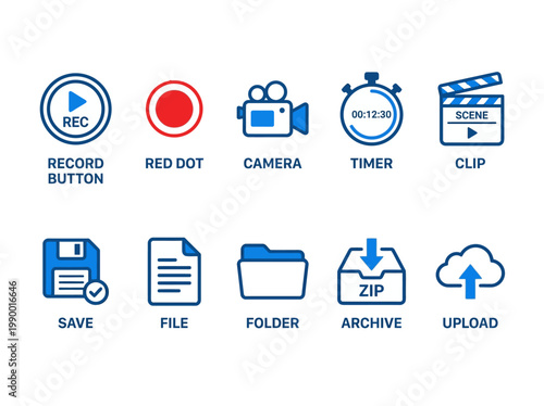 Collection of various icons representing video production, recording, file management, and media creation elements for digital content