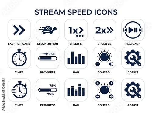 Stream Speed Icons Fast Forward, Slow Motion, Speed, Playback Controls and Timer Set