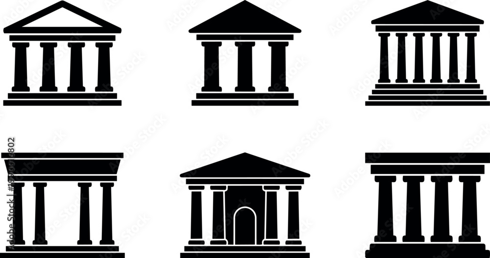 Fototapeta premium Black silhouette icons of classical columned ancient temples in flat design