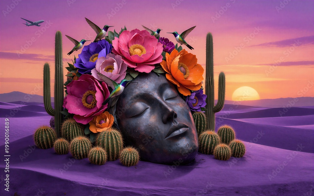 Fototapeta premium A serene face adorned with vibrant flowers and hummingbirds set