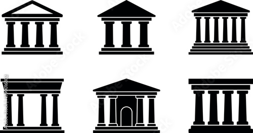 Black silhouette icons of classical columned ancient temples in flat design