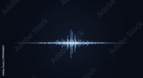 A glowing blue sound wave oscillates horizontally across a dark background.
