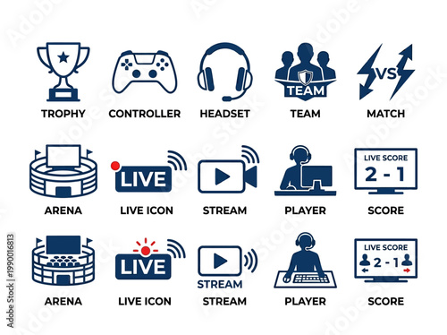 Collection of Esports and Gaming Icons Trophy, Controller, Headset, Team, Match, Arena, Live Stream, Player, and Score Illustrations