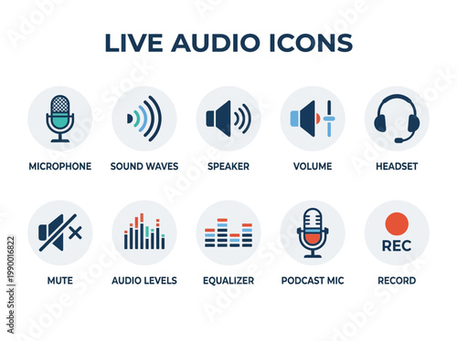 Live Audio Icons Set Microphone, Sound Waves, Volume, Headset, Mute, Equalizer, Podcast Mic & Record Buttons
