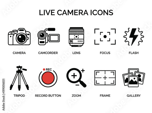 A collection of diverse camera and video recording equipment icons including a camera, camcorder, lens, tripod, zoom, and photo gallery