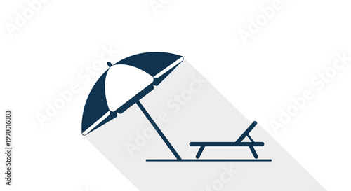 Flat icon of a beach umbrella and sun lounger with long shadow, summer vacation symbol