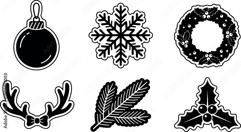 Fototapeta premium Black and white christmas ornament snowflake wreath antlers and holly vector art icons