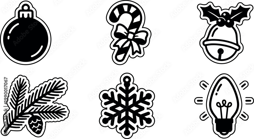 Fototapeta premium Black and white christmas ornament candy cane bell pine cone snowflake and light bulb icons