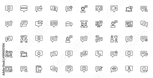 Chat icon set. Minimal line vector icons pack. Includes chat, message, conversation, talk, bubble, communicate and more. Editable stroke.