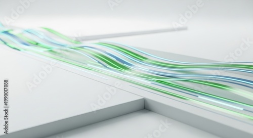 A vibrant wave of colorful lines flows across a white corner platform.