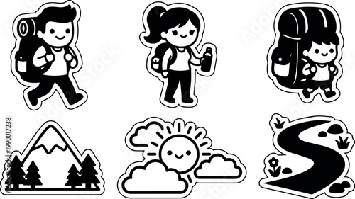 Hikers with backpacks and nature symbols