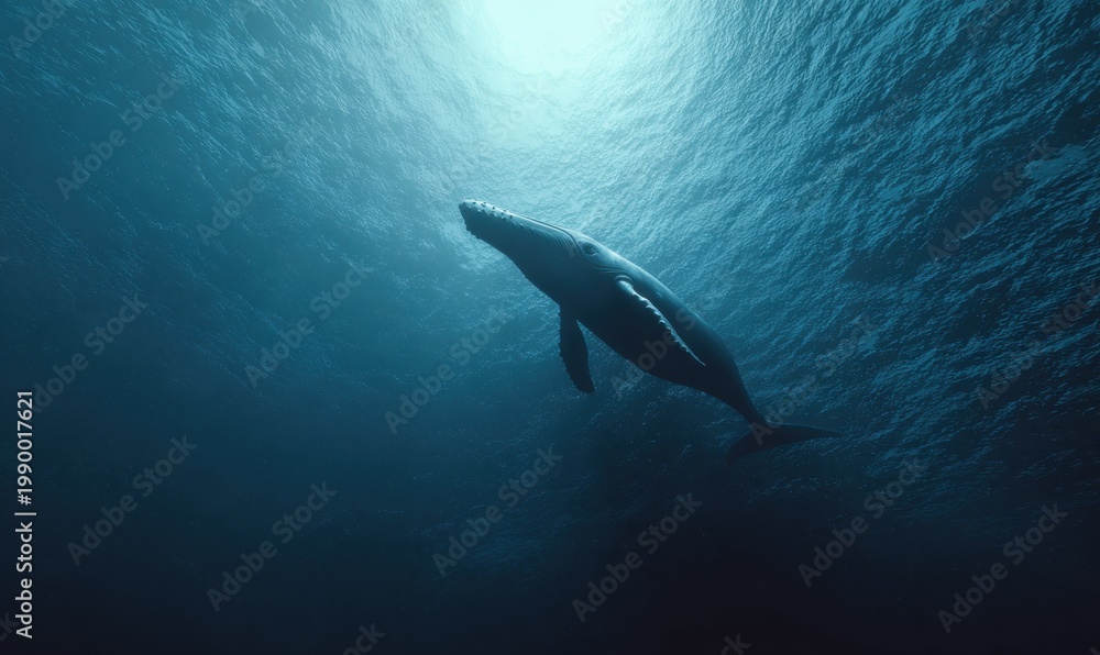 Fototapeta premium Whale silhouette swims under surface light