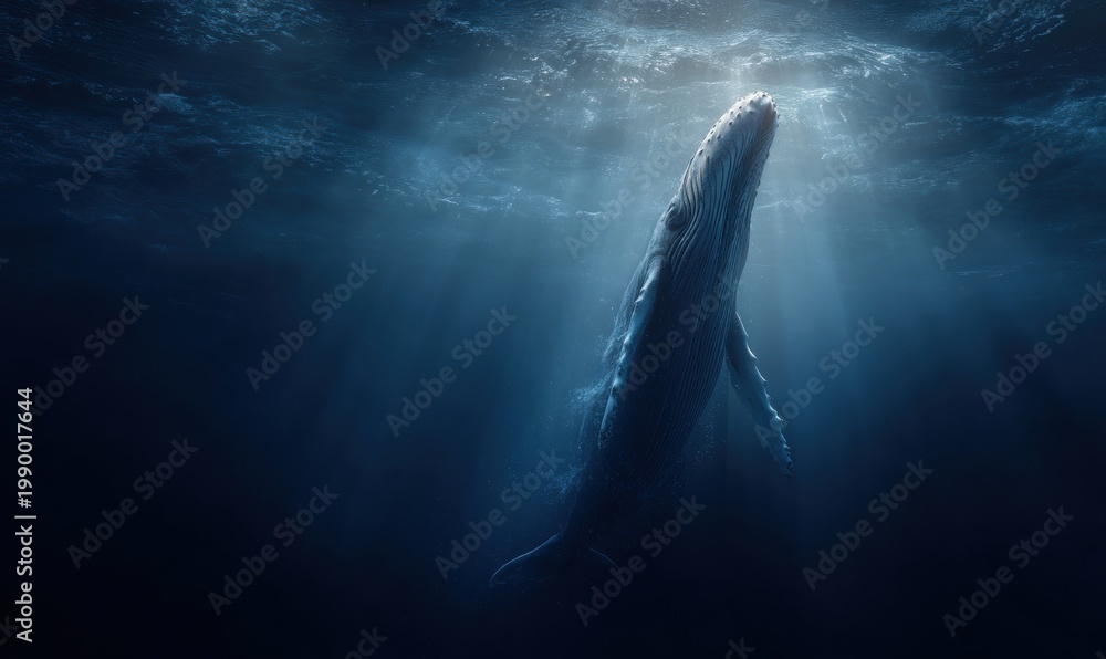 Naklejka premium Whale swims upward toward sunlight filtering through water surface