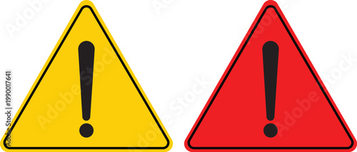 Warning Sign Series: A set of striking hazard symbols, rendered in vibrant yellow and bold red, each prominently featuring an exclamation mark.