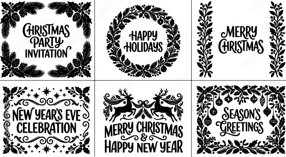 Obraz premium Black and white christmas party invitation and holiday greeting cards with festive wreath and reindeer vector art