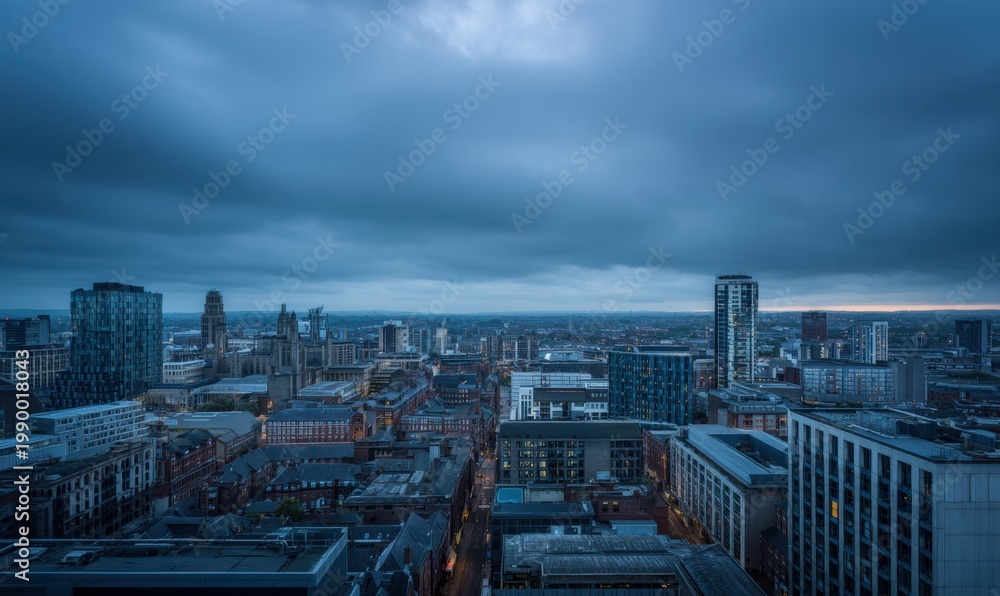 Obraz premium Wide-angle view of city skyline at dusk or dawn