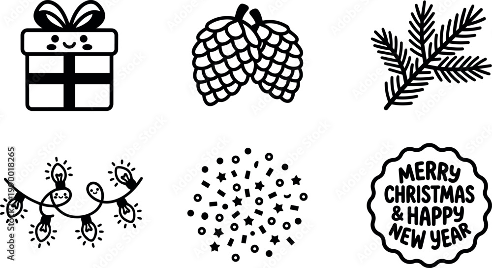 Obraz premium Black and white merry christmas and happy new year festive icons set with gift pine cones and lights