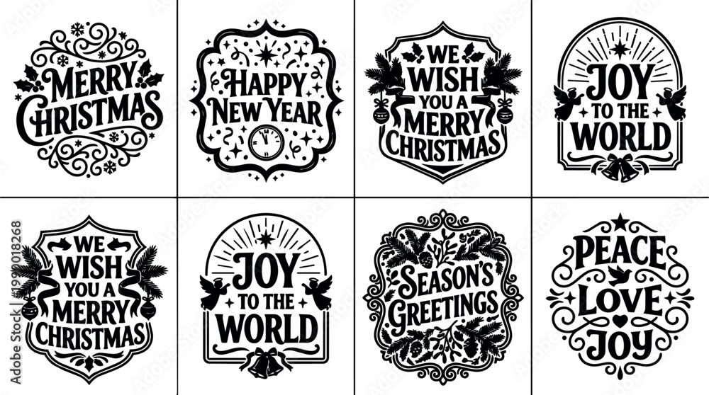 Obraz premium Black and white calligraphic merry christmas happy new year and seasonal holiday phrases set