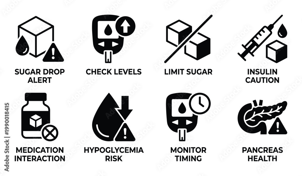 Obraz premium Diabetes health icons illustrating blood sugar control medication insulin and pancreas health issues and alerts.