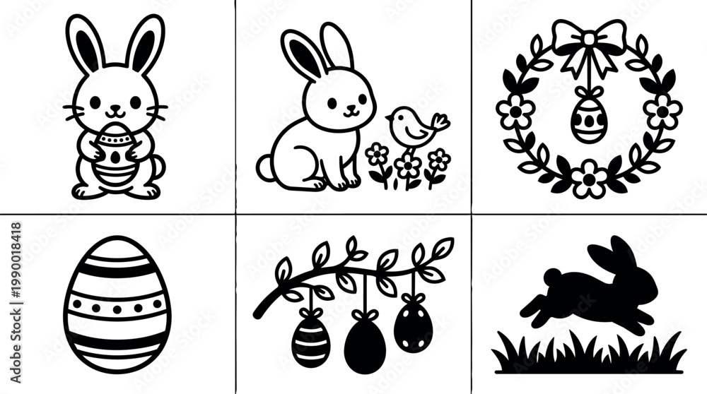 Fototapeta premium Black and white line art easter bunny and decorated eggs with floral wreath