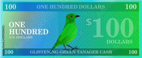 Banknote design one hundred dollar bill with glistening-green tanager
