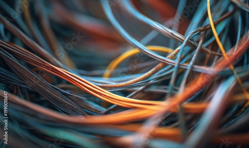 Abstract close-up of mixed-colored wires intertwined and overlapping
