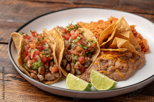 Soft chicken tacos with rice, beans, corn tortillas, guacamole, chips and cheese on a white plate, wooden background. 