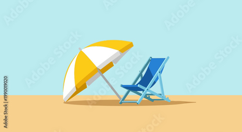 Flat vector illustration of beach umbrella and deck chair for summer holiday concept.