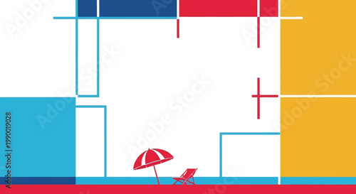 Abstract geometric beach vacation concept with umbrella and chair on minimal background