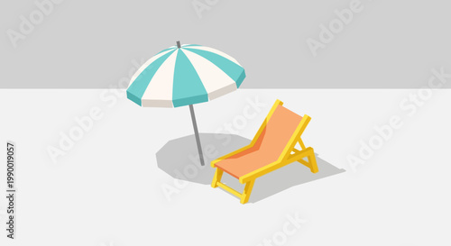 Minimalist 3D Isometric Beach Lounge Chair and Striped Umbrella