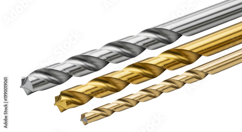 Vector illustration of three different sizes of metal drill bits on a transparent background