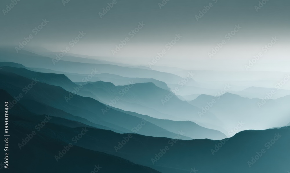Fototapeta premium Misty mountain ranges fade into distant horizons under soft, muted sky